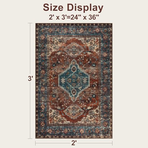 Tangsoo Oriental 2x3 Washable Rugs for Entryway Vintage Non Slip Small Area Rug, Indoor Front Door Rug, Print Door Mat Indoor Entrance Soft Low Pile Throw Rug for Entry Kitchen Bedroom Bathroom - color: Rust/Blue, size: 2' X 3' (Rectangular)
