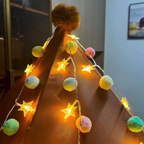 ChiRee Indoor String Lights 6.56 Feet Pom Poms Star Lights 20 LED Battery Operated String Fairy Lights Warm White Star Lights Colorful Decor Lights for Home Bedroom Kids Playhouse Holiday Christmas - style: Star-Pink and Blue