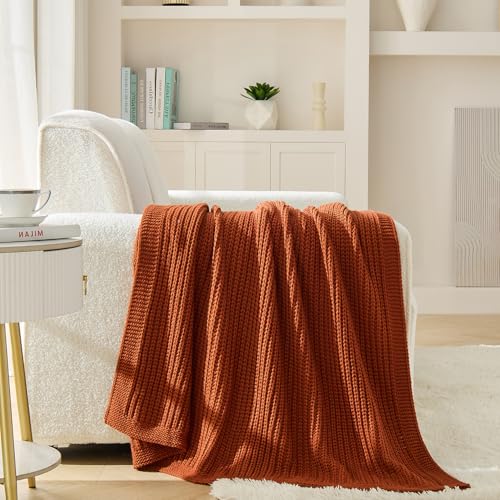 Chunky Knit Rust Orange Throw Blanket 50"x60" Soft Cozy Lightweight Knitted Blanket for Couch Sofa Bed,Cute Decorative Spring Throw for Living Room - color: Rust Orange, size: 50"x 60"