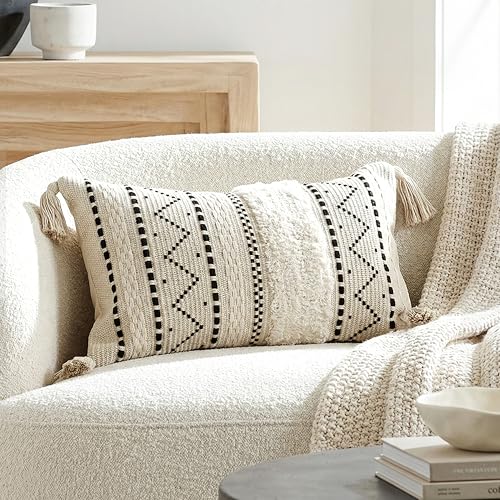 BlissBlush 12x20 Lumbar Pillow Cover, Cream Neutral Rectangular Decorative Cushion Cover with Black Pattern, Cotton Boho Accent Pillowcase with Tassels for Couch Sofa Living Room (Cover Only) - color: Black, size: 20" x 12" (Pack of 1)