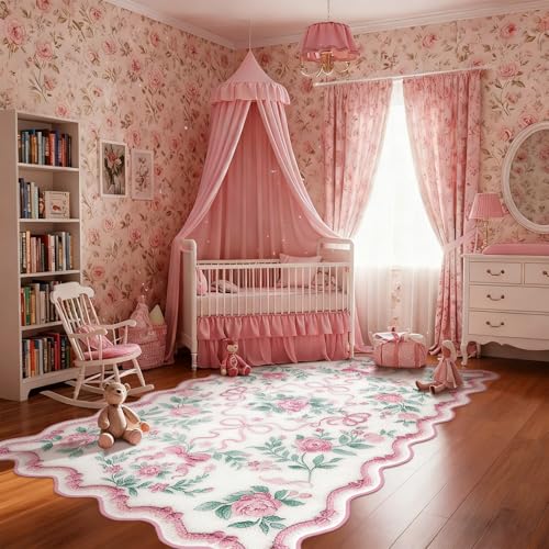 Drydiet Rug Boho Area Rugs 4'x6' Cute Sweet Scalloped Throw Rugs Aesthetic Soft Bedroom Carpet for Living Room Dining Playroom Nursery Family Indoor Dorm (Vintage Bow) - style: Vintage Bow