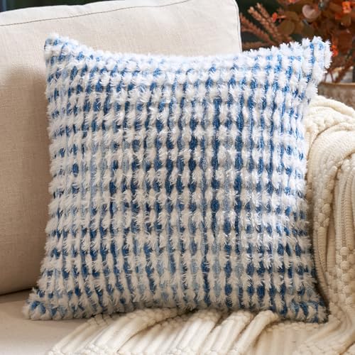 Aeckself Boho Chenille Tufted Pillow Cover 20x20 Inch, Decorative Square Throw Pillow Cover Neutral Pillowcase for Couch Bedroom Living Room, Blue White - color: Blue White, size: 20" x 20" (Pack of 1)