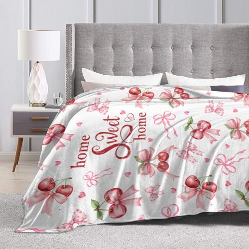 Pink Cherry Throw Blanket, Summer Fruit Retro Red Ribbon Sweet Home Seasonal Warm Cozy Farmhouse Flannel Soft Blanket for Couch Chair Sofa Bed Bedroom Living Room Car Camping 30"x 40" - color: Cherry01, size: 30X40 inch
