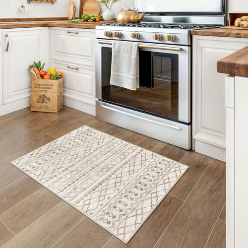 KUTA Washable Non-Slip Rugs for Entryway 2x3, Beige Moroccan Boho Small Area Rug, Ultra Soft Vintage Geometric Low-Pile Indoor Door Mat Floor Carpet for Indoor, Entrance, Kitchen, Bathroom, Bedroom - color: Beige/Brown, size: 2' x 3' (Rectangular)