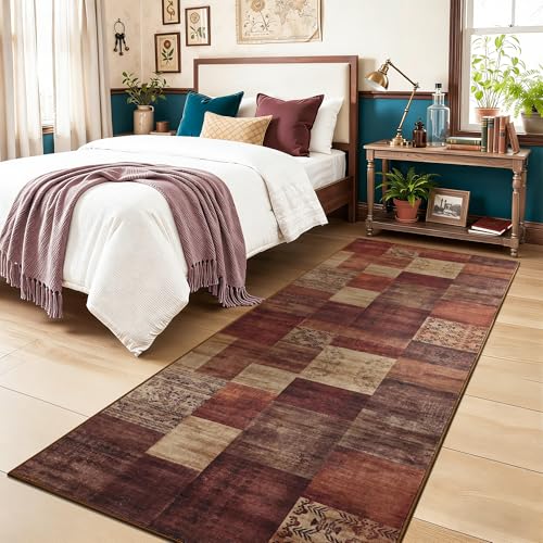 Tepook Modern Runner Rug for Living Room, 2x6 Washable Rugs for Bedroom Hallway, Geometric Patchwork Runner Rug Non-Slip Indoor Throw Carpet for Entryway Kitchen Office Home Decor, Red - color: Red, size: 2 X 6 Feet