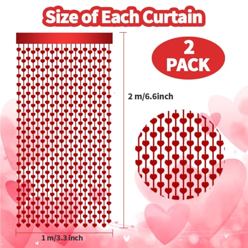 2 Pack 3.2ft x 6.6ft Valentine's Day Metallic Foil Fringe Curtain, Red Heart Shape Tinsel Curtains Streamers Photo Props Backdrop for Engagement Wedding Party Decorations - color: Red