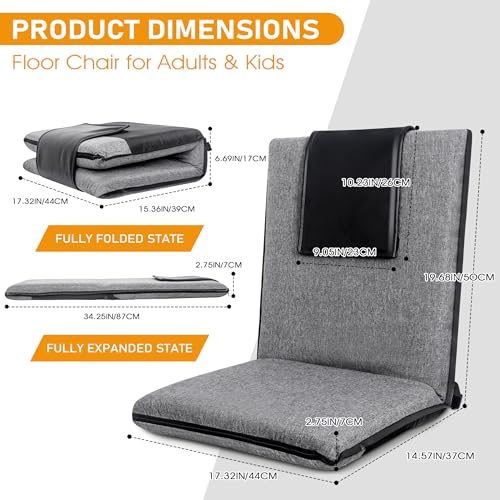 FASTMOMENT Floor Chair with Back Support 14-Position Adjustable Floor Chair Portable Ground Seating for Adults & Kids Foldable Meditation Seat with Japanese KOYO Bearings & Washable Linen Cover (Grey) - color: Grey & Black, style: Regular