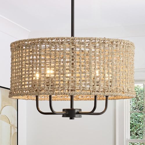 5-Light Rattan Chandelier for Dining Room, Boho Chandelier, Coastal Hand Woven Pendant Light Fixture for Kitchen Island Entryway Foyer Living Room Bedroom UL Listed Black - color: Black, size: 17.7"