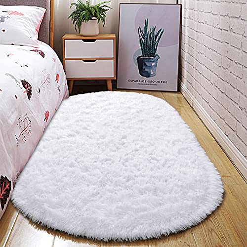 junovo Ultra Soft Washable Shaggy Rug - Non-Slip Oval Carpet for Nursery, Kids Bedroom & Home Decor (2.6x5.3ft White) | Plush Fluffy Floor Mat for Cozy Living Spaces - color: White, size: 2.6' x 5.3'