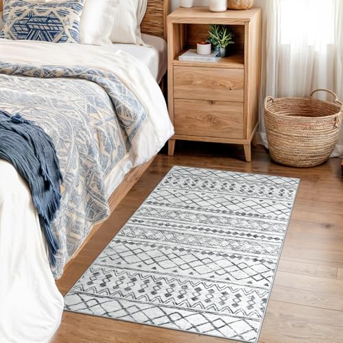KUTA Washable Non-Slip Rugs for Entryway 2x3, Grey Moroccan Boho Small Area Rug, Ultra Soft Vintage Geometric Low-Pile Indoor Door Mat Floor Carpet for Indoor, Entrance, Kitchen, Bathroom, Bedroom - color: Grey, size: 2' x 3' (Rectangular)