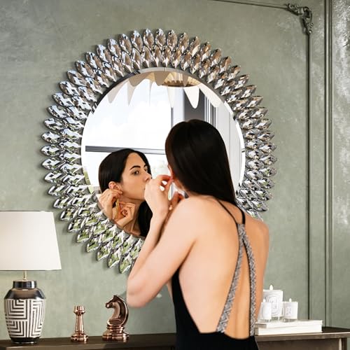 Kelly Miller 36" Jeweled Luxury Round Decorative Wall Mirror | Elegant diamond beveled vanity mirror. Perfect wall mirror for living room, bedroom, entryway. - size: 28"L x 28"W