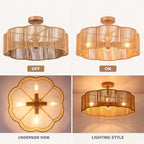 Hamilyeah Rattan Flush Mount Ceiling Light Fixture, 20 Inch Woven Scalloped Boho Ceiling Lamp, 4-Light Gold Ceiling Fixture with Hand-Woven Wicker Shade for Bedroom, Dining Room, Kitchen - color: Gold