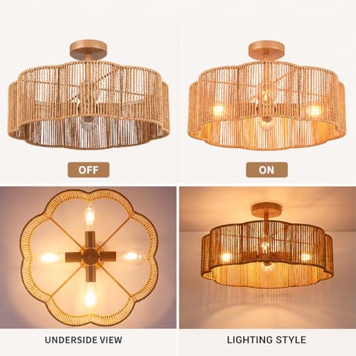 Hamilyeah Rattan Flush Mount Ceiling Light Fixture, 20 Inch Woven Scalloped Boho Ceiling Lamp, 4-Light Gold Ceiling Fixture with Hand-Woven Wicker Shade for Bedroom, Dining Room, Kitchen - color: Gold