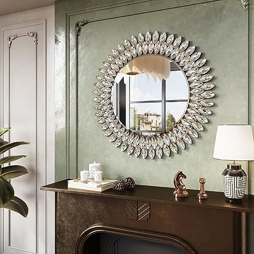 Kelly Miller 26" Jeweled Luxury Round Decorative Wall Mirror | Elegant diamond beveled vanity mirror. Perfect wall mirror for living room, bedroom, entryway. - size: 26"L x 26"W