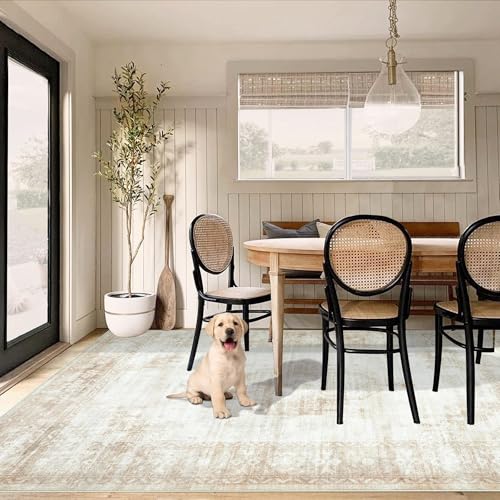 Aoyaomi Vintage Living Room Area Rug - 6x9 Large Machine Washable Boho Moroccan Distressed Farmhouse Rugs for Bedroom - Soft Non-Slip Indoor Floor Accent Rugs for Office Dining Room (Beige, 6' x 9') - color: Beige, size: 6' X 9' (Rectangular)