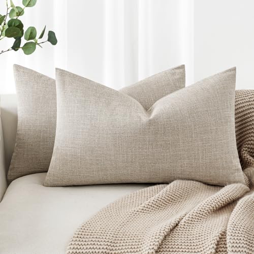 MIULEE Pack of 2 Decorative Linen Burlap Textured Pillow Covers Farmhouse Boho Accent Lumbar Pillowcases Spring Home Decor for Couch Sofa Bedroom Living Room 12x20 Inch Taupe - color: Taupe, size: 20" x 12" (Pack of 2)