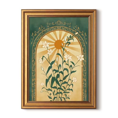 HUARCEY Gold Framed Canvas Wall Art, Sun Botanical Picture Decor, Living Room Bedroom Emerald Green Boho Art, Rustic Vintage Moody Mystical Folk Art Canvas Paintings, 12x16inch - color: Boho art, size: 16"L x 12"W