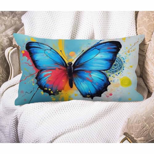 EKOBLA Butterfly Pillow Covers Watercolor Lotus Floral Fantasy Splash Doodle Painting Waist Lumbar Cotton Linen Cushion Cover Oblong Rectangle Pillowcase for Men Women Home 12x20 Inches - color: Multi-bs25, size: 20" x 12" (Pack of 1)