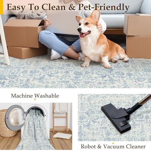 PureCozy Blue Runner Rug 2x5 Hallway Machine Washable Kitchen Vintage Distressed Non Slip Long Carpet Indoor Retro Floral Bedroom Accent Throw Rug for Bathroom Office Laundry Dining Room - color: Accent | Blue, size: 2' x 5' (Runner)
