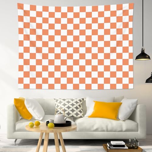 HVEST Retro Checkered Tapestry Orange Checkered Grid Pattern Tapestry Wall Hanging Vintage Checkerboard Wall Art for Bedroom Living Room Dorm Decor, 70.9L x 92.5W Inches - color: Orange, size: 70.9"L x 92.5"W