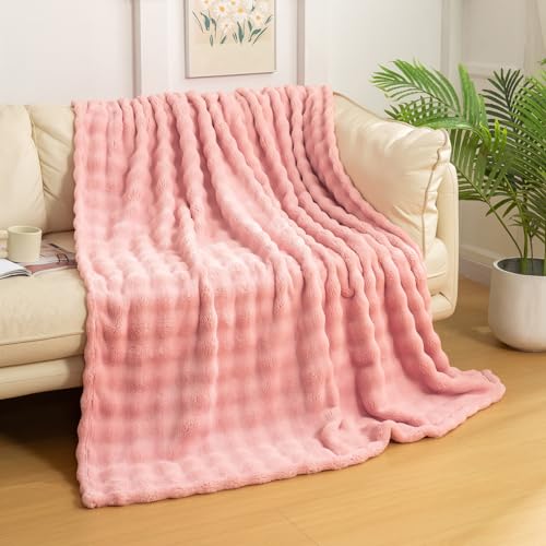 YUSOKI 3D Fleece Bubble Throw Blanket | 380GSM Ultra Soft Fluffy Plush | Non-Shedding Lightweight Cozy Blanket for Couch Sofa Bed | All Season(Light Pink,50 * 60inches) - color: Light Pink, size: Throw(50" x60")
