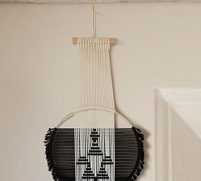 Flber Macrame Wall Hanging black and white Boho Wall Decor Art Living room wall art Round Handmade Geometric Lines Home Décor 11.8W x 65L