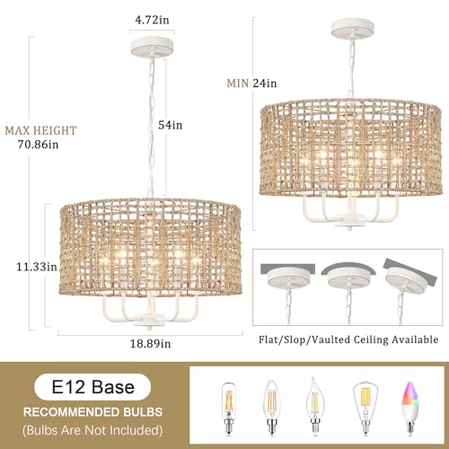 Rattan Chandelier 5-Light Farmhouse Boho Pendant Light Fixture for Dining Room Brown and White Woven Chandeliers for Ceiling Light,Bedroom,Living Room,Foyer,Kitchen Island,Coastal,Stairway,Hallway - color: 5-light White and Brown