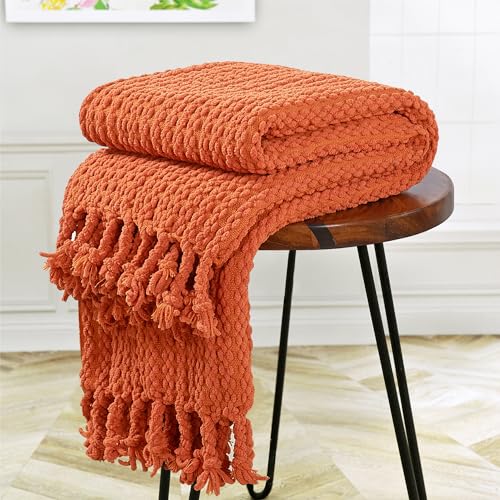 Striped Knit Throw Blanket with Braided Tassels 50" x 60", Hand Knitted Soft Chunky Chain Design Boho Farmhouse Blanket, Solid Color Tassel Decor Throw for Couch Bed Sofa Outdoor, Burnt Orange - color: Burnt Orange