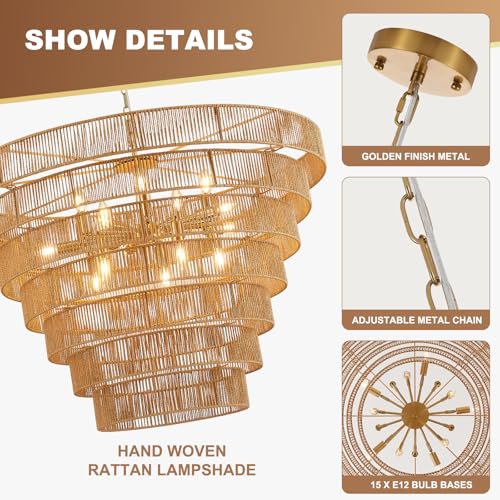 39.4" Large Rattan Chandelier 15-Lights Farmhouse Boho Woven Bamboo Chandelier Rustic Drum Wicker Rattan Golden Chandeliers for Dining Room, Kitchen, Living Room, Entryway, E12 - color: Gold 39IN