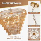 39.4" Large Rattan Chandelier 15-Lights Farmhouse Boho Woven Bamboo Chandelier Rustic Drum Wicker Rattan Golden Chandeliers for Dining Room, Kitchen, Living Room, Entryway, E12 - color: Gold 39IN