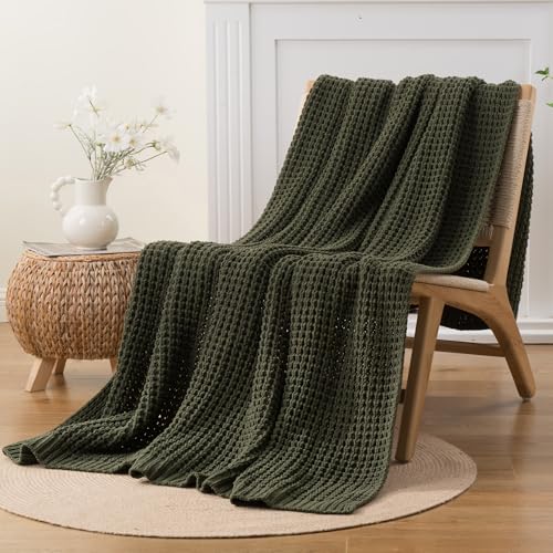 Bunnikins & Clover Olive Green Throw Blanket for Couch, Waffle Knit Blanket Throw, Super Soft Warm Dark Green Throw Blanket for Home Decor,Sofa and Living Room, 50"x60" - color: Olive Green, size: 50"x60"