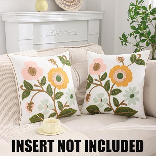 Floral Throw Pillow Covers 18x18 Pack of 2 Pink and Yellow Flower Embroidered Pillow Cover with Green Leaves Farmhouse Pillow Cushion Case Decorative Farm Pillowcases for Summer Fall Autumn - color: Yellow and Pink Flowers