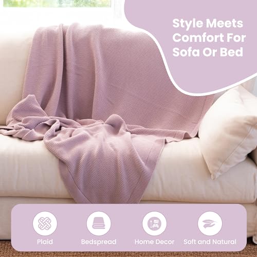 Dalisa 100% Organic Turkish Cotton Throw Blanket Harbor Mist– GOTS Certified, Cozy, with Reusable Cotton Gift Bag – Perfect for Couch, Bed, and Home Decor – Boho Vintage Knit Alina - color: Lavender Frost, size: 80x90