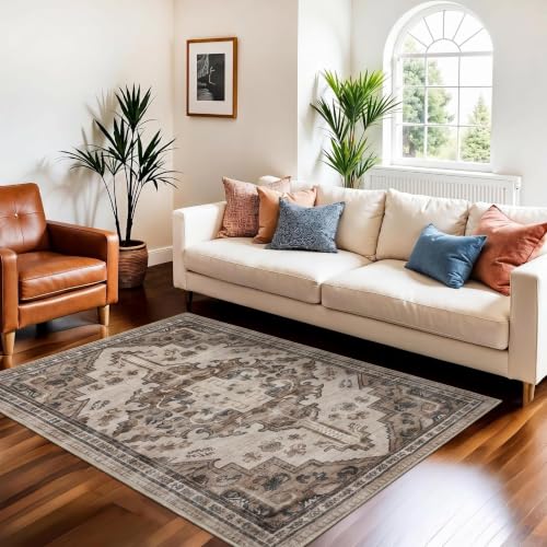 Joydeco 3x5 Area Rugs Vintage for Living Room, Light Coffee | Non Slip Machine Washable Low Pile for Living Room Bedroom Dining Room Home Office Pet & Child Friendly - color: Light Coffee, size: 3' x 5' (Rectangular)