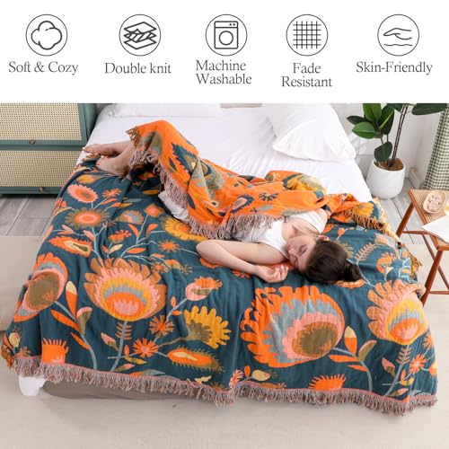 Snycler Boho Throw Blanket for Bed, 100% Organic Cotton Muslin Soft Throw-Orange Boho Floral Farmhouse Rustic Spring Summer Fall Decor Blanket for Couch Sofa Quilt and Gift, 60" x 80" - color: Orange Boho Floral, size: 60"x80"