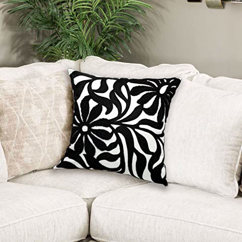Alysheer Farmhouse Floral Leaves Embroidered Decorative Throw Pillow Cover 18x18 inches, Boho Tufted Flowers Embroidery Pattern Chic Cotton Cushion Case for Couch Bed Sofa Living Room(Black) - color: Black Floral, size: 18" x 18" (Pack of 1)