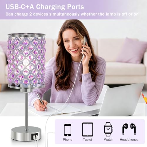 GyroVu Purple Crystal Table Lamp with USB C+A Ports, Dimmable Touch Control Bedside Lamp with LED Bulb, Small Night Light for Bedroom, Living Room, Girls Room, Office - color: Purple-1, size: 14.75"