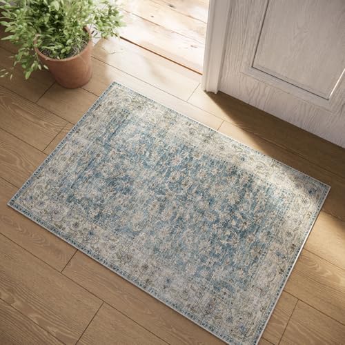 Machine Washable Entryway Throw Rug: Door Mat Indoor Entrance 2x3 Rug Boho Small Area Rug Non-Slip Low Pile Kitchen Rug for Front Door Indoor Entrance Entry Kids Room - color: Light Blue, size: 2' x 3' (Rectangular)