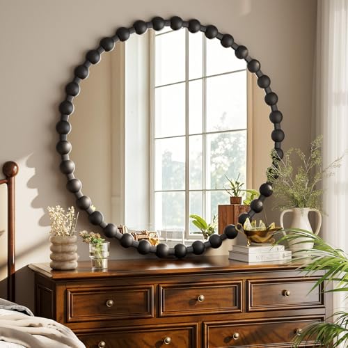 Easly Round Mirror for Wall, 32 Inch Black Beaded Frame Decorative Vanity Mirror, Circle Bathroom Mirror with High-Definition Lense, Modern Wall Decor for Bathroom, Living Room, Bedroom, Entryway - color: Black, size: 32"L x 32"W