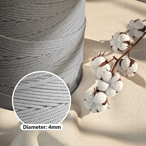 Macrame Cotton Cord 4mm x 547yds, ZUEXT Natural Handmade Light Grey Braided Cords 4 Strands Knitted Rope String for Craft Wall Hanging Weaving Tapestry Dream Catchers Hanger DIY Gift (500m) - color: Light Grey, style: 4mm x 500m