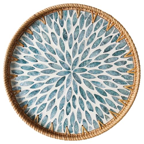 Round Rattan Tray with Mother of Pearl Inlay, Decorative Wicker Serving Tray with Wooden Base, Woven Basket Trays for Bread Fruits Coffee, Light Blue - color: Light Blue