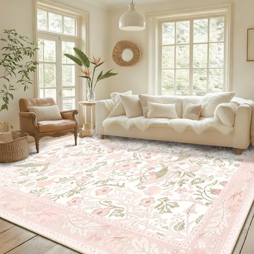 8'x10' Area Rugs Washable,Pink Rug for Living Room Bedroom Dining Room,Large Boho Botanical Farmhouse Bohemian Distressed Oriental Carpet Non Slip,Blush Floral Bird - color: Pink Floral Bird, size: 8'x10'