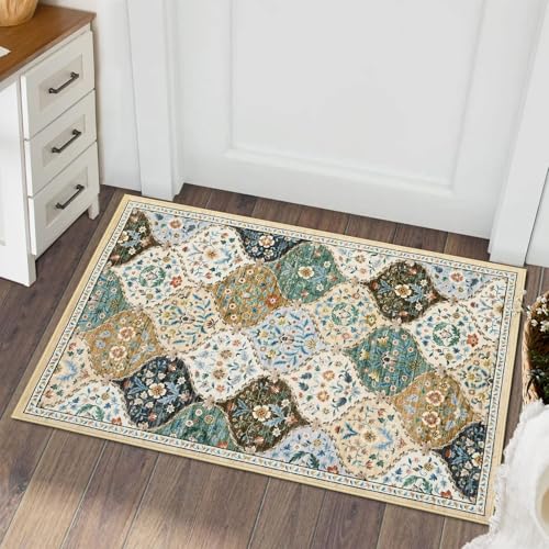 ROYHOME Small Rug Moroccan Trellis Washable Area Rug Doormat Stain Resistant Non-Slip Entryway Rug Distressed Floral Floor Carpet for Indoor Front Entrance Kitchen Bathroom, Beige/Taupe, 2' x 3' - color: Beige/Taupe, size: 2' x 3' (Rectangular)