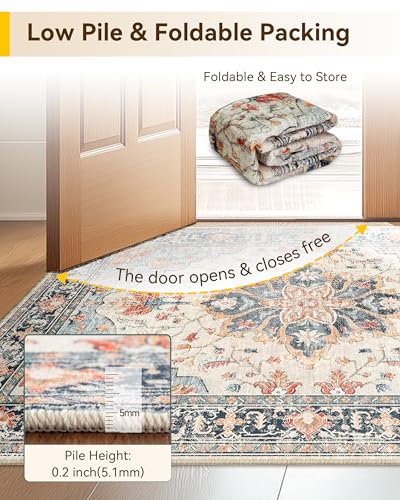RELEANY Area Rugs Small 2'x4' Washable Non-Slip, Floral Vintage Distress Medallion Carpet for Kitchen Entryway Bathroom, Beige Navy Blue Orange Colorful - color: Beige/Blue/Orange, size: 2' X 4' (Runner)