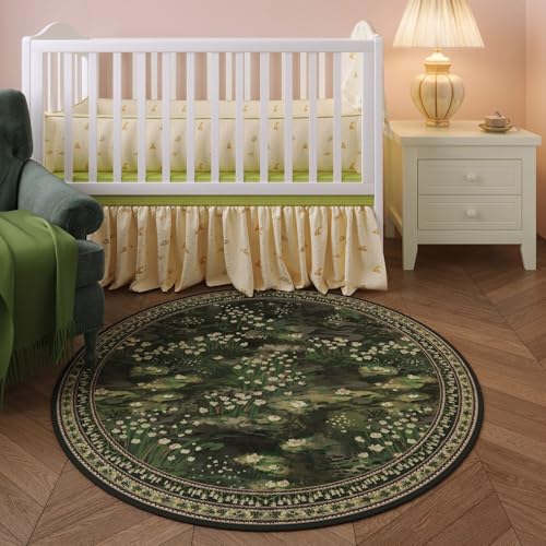 Rugcomf Circle Rug Impressionist-Style Vintage Round Rug 4ft Non Slip Low Pile Small Circular Rug for Bedroom Bathroom Entryway Kids Room Office College Dorm, Green - color: Green, size: 4' (Round)
