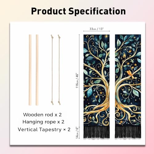 PLIGREAT 2 Pack Tree of Life Long Tapestry Vertical Leaves Birds Wall Hanging with Tassels Black Aesthetic Wall Tapestry for Bedroom Bathroom Living Room Long Narrow Home Hanging Decor - color: Green and Gold
