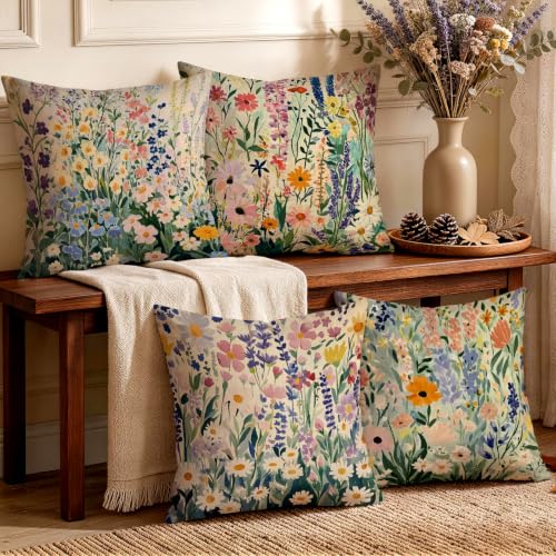 OBSEDE Cottage Wildflower Decorative Throw Pillow Covers, Set of 4 Rustic Farmhouse Cushion Cases 18x18 Inch - color: Cottage Wildflower