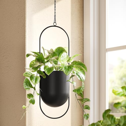 Bamworld Black Hanging Planters for Indoor Outdoor Plants Metal Hanging Pots for Plants 5.5 Inch Modern Hanging Baskets Window Plant Hanger Ceiling Hanging Flower Pots with Chain for Wall Decor - size: Oval - 5.5in