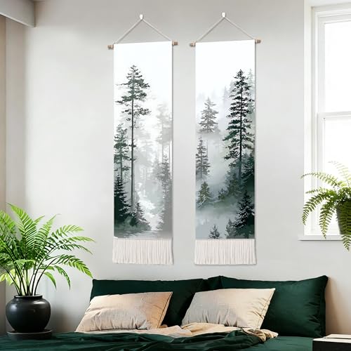 seewan 2 Pack Long Vertical Wall Tapestry, Boho Nature Landscape & Floral Aesthetic Wall Hanging for Bedroom Living Room Home Decor, Long Narrow Art Tapestry with Sunrise Mountain Botanical Designs, 13" × 51" (Foggy Pine Silhouette, 13"Wx51"H, Unframed) -