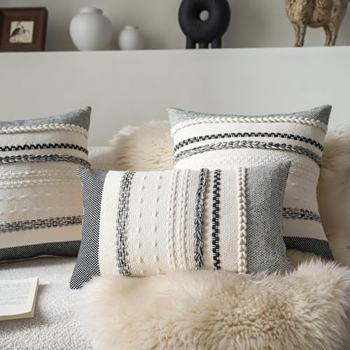 Cethom Boho Throw Pillow Covers 18x18 Inch Set of 2, Black Textured Decorative Couch Pillow Cases for Farmhouse Home Decor, Accent Cushion Cover for Sofa, Bed, Living Room, Bedroom - color: Black, size: 20" x 12" (Pack of 2)